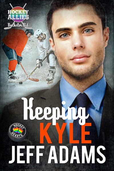 Book cover for Keeping Kyle by Jeff Adams. A close-up of a clean-cut man in a suit and blue tie fills the foreground, while behind him two hockey players face off on the ice. The cover includes the Hockey Allies: Bachelor Bid branding and the Hockey Hearts rainbow logo.