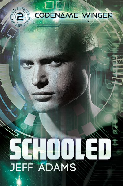 Book cover for Schooled by Jeff Adams, Codename: Winger Book 2. A serious-looking young man faces forward, surrounded by green digital graphics and circular tech interface elements.